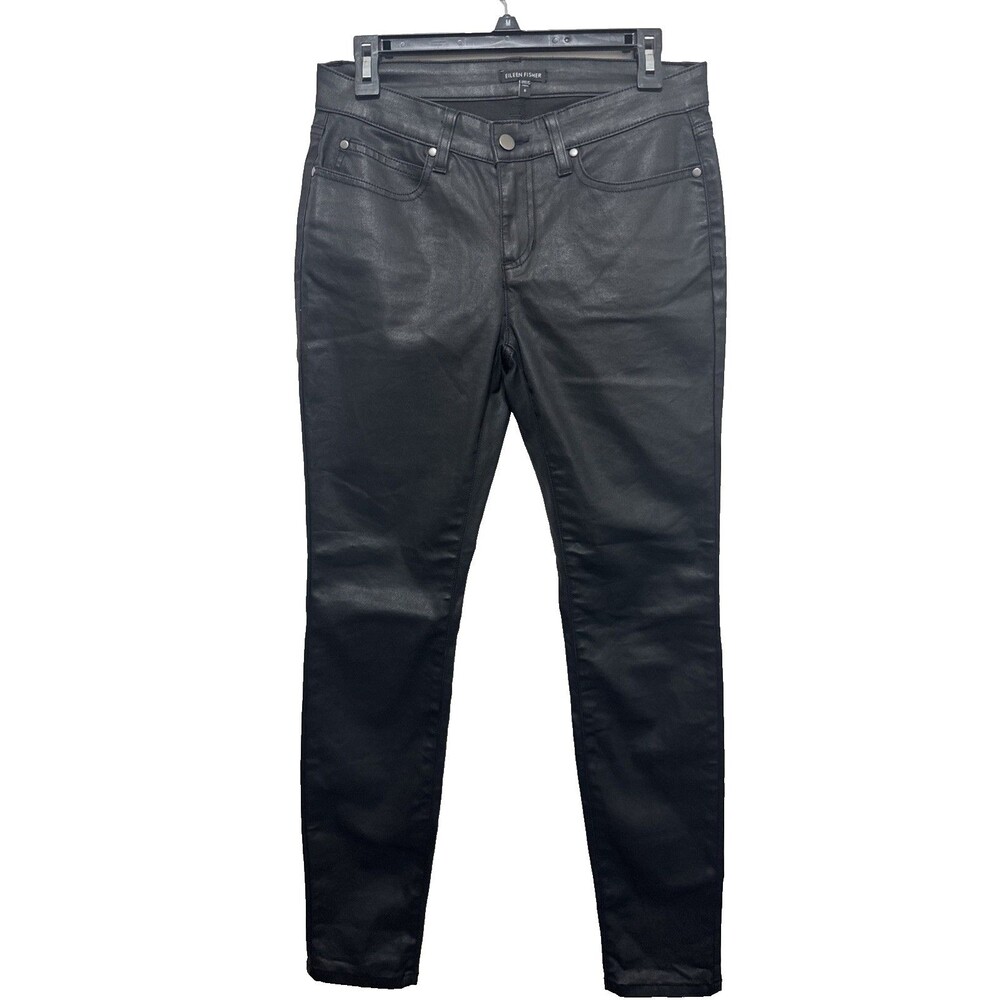 Eileen Fisher Women Sz 6 Black Coated Waxed Organic Cotton Skinny Jean Stretch - Picture 3 of 16